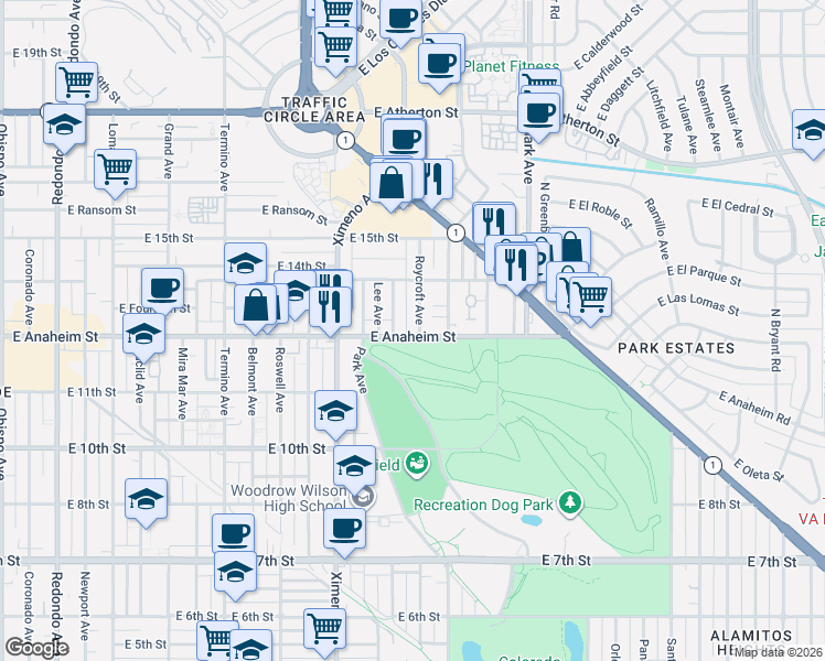 map of restaurants, bars, coffee shops, grocery stores, and more near 1321 Roycroft Avenue in Long Beach