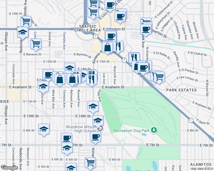 map of restaurants, bars, coffee shops, grocery stores, and more near 4515 East Anaheim Street in Long Beach