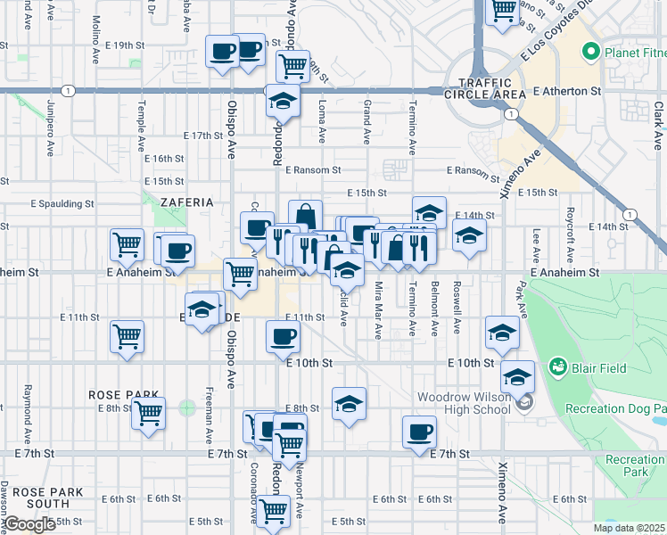 map of restaurants, bars, coffee shops, grocery stores, and more near 3731 East Anaheim Street in Long Beach
