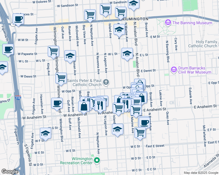 map of restaurants, bars, coffee shops, grocery stores, and more near 515 West Opp Street in Los Angeles