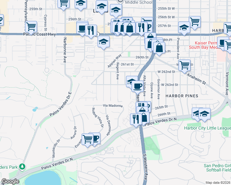 map of restaurants, bars, coffee shops, grocery stores, and more near 26322 Regent Avenue in Lomita