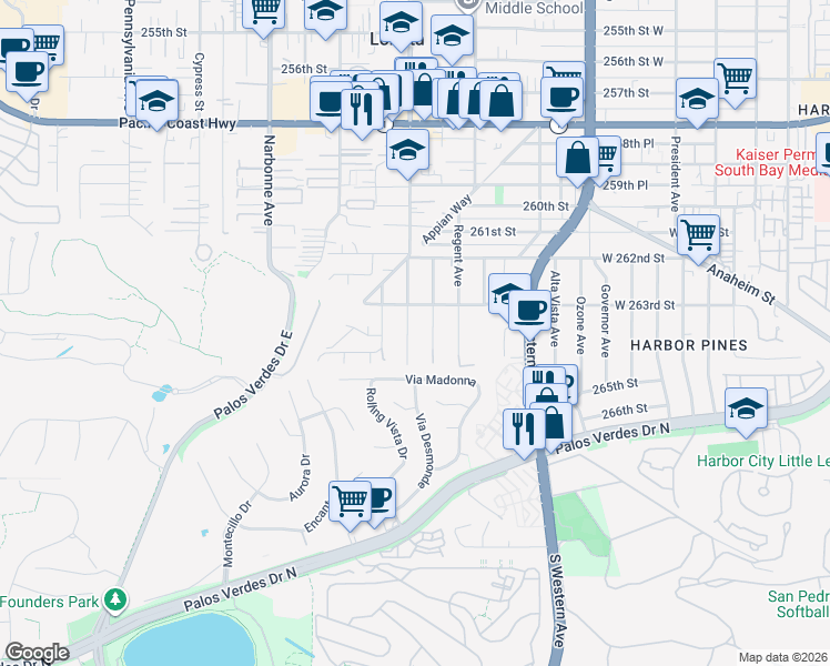 map of restaurants, bars, coffee shops, grocery stores, and more near 26321 Monte Vista Avenue in Lomita