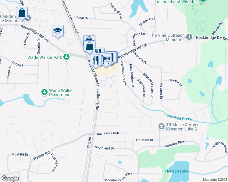 map of restaurants, bars, coffee shops, grocery stores, and more near 5624 Stonington Trace Parkway in Stone Mountain