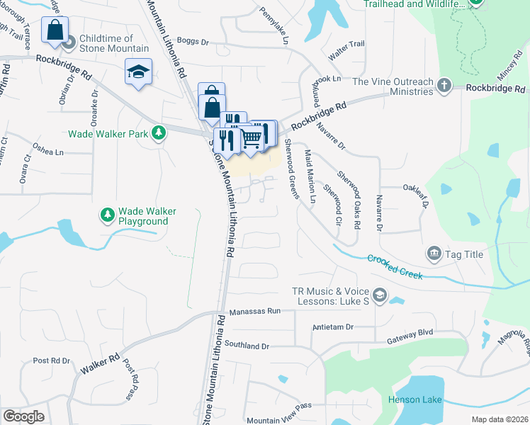 map of restaurants, bars, coffee shops, grocery stores, and more near 5630 Stonington Trace Parkway in Stone Mountain