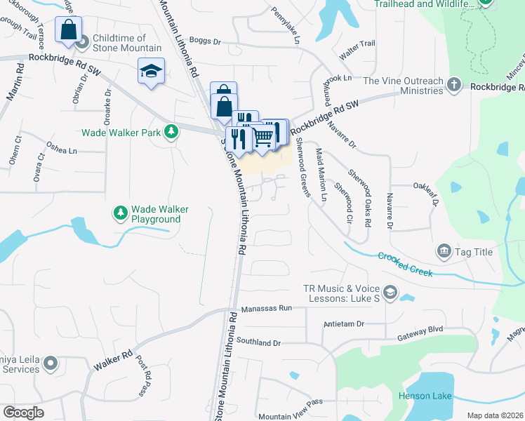 map of restaurants, bars, coffee shops, grocery stores, and more near 5598 Stonington Trace Parkway in Stone Mountain