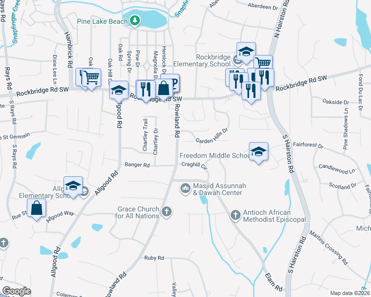 map of restaurants, bars, coffee shops, grocery stores, and more near 498 Rowland Road in Stone Mountain