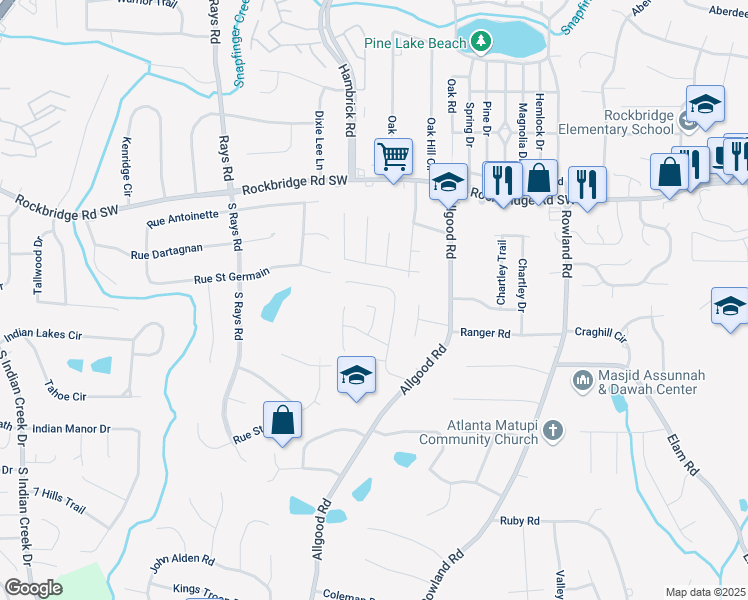 map of restaurants, bars, coffee shops, grocery stores, and more near 536 Crestridge Court in Stone Mountain