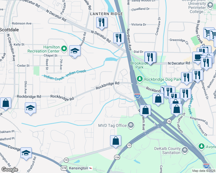 map of restaurants, bars, coffee shops, grocery stores, and more near 3460 Kensington Parc Circle in Avondale Estates