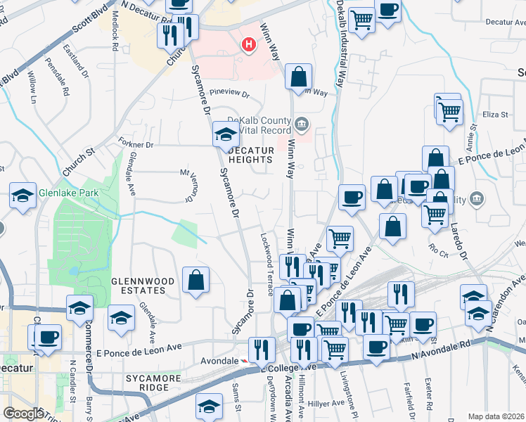 map of restaurants, bars, coffee shops, grocery stores, and more near 5 Grovemont Court in Decatur