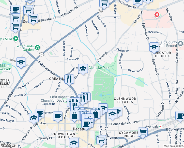 map of restaurants, bars, coffee shops, grocery stores, and more near 981 Church Street in Decatur