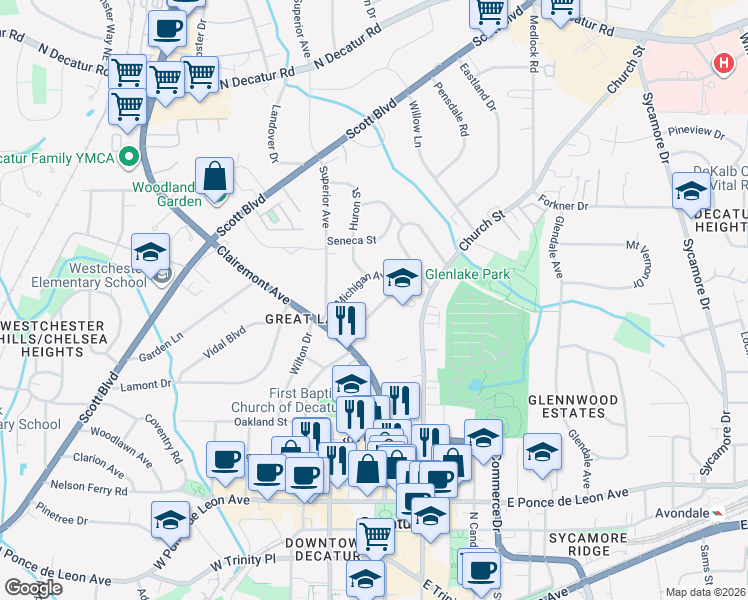 map of restaurants, bars, coffee shops, grocery stores, and more near 156 Erie Avenue in Decatur