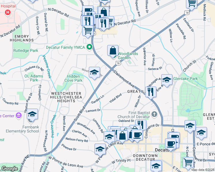 map of restaurants, bars, coffee shops, grocery stores, and more near 12 Westchester Square in Decatur