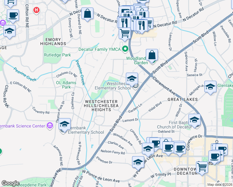 map of restaurants, bars, coffee shops, grocery stores, and more near 149 Mockingbird Lane in Decatur