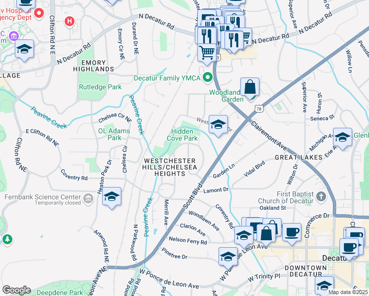 map of restaurants, bars, coffee shops, grocery stores, and more near 164 Ridley Circle in Decatur