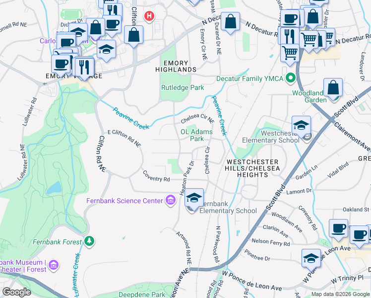map of restaurants, bars, coffee shops, grocery stores, and more near 1782 Vickers Circle in Decatur