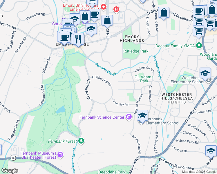 map of restaurants, bars, coffee shops, grocery stores, and more near 1754 East Clifton Road Northeast in Atlanta