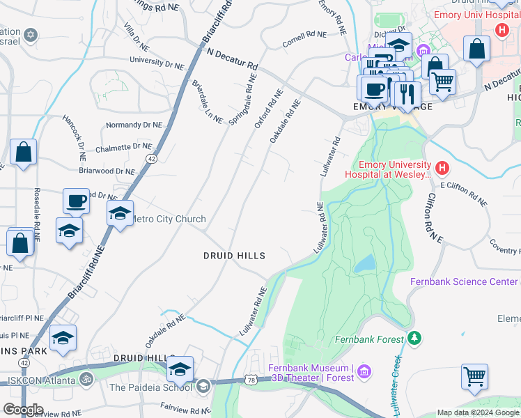 map of restaurants, bars, coffee shops, grocery stores, and more near 1047 Oakdale Road Northeast in Atlanta