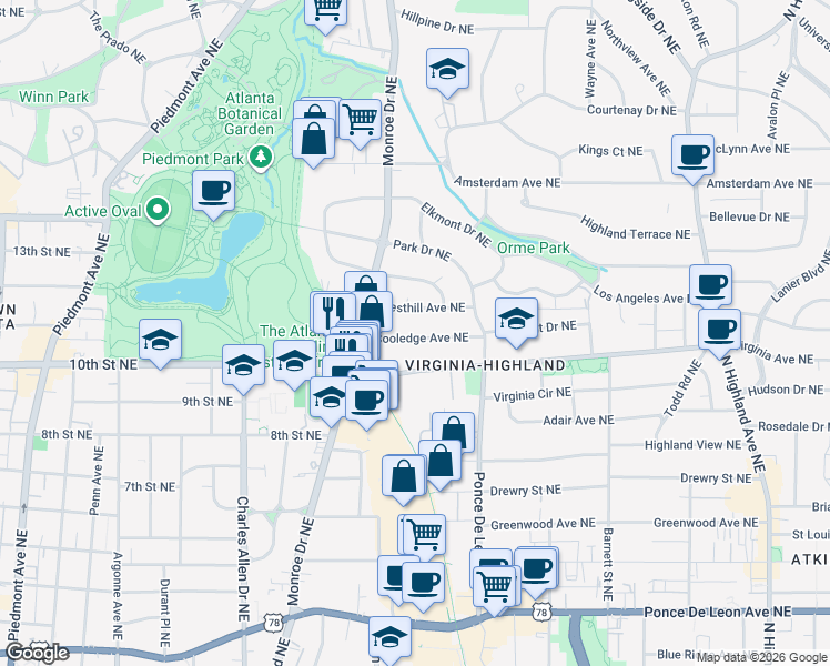 map of restaurants, bars, coffee shops, grocery stores, and more near 648 Cooledge Avenue Northeast in Atlanta