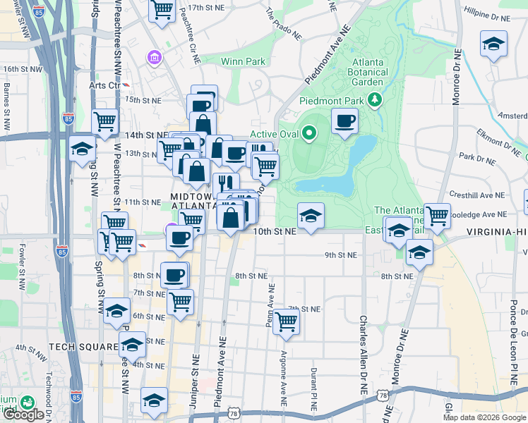 map of restaurants, bars, coffee shops, grocery stores, and more near 1041 Piedmont Avenue Northeast in Atlanta