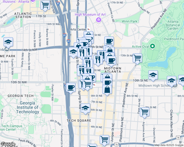 map of restaurants, bars, coffee shops, grocery stores, and more near in Atlanta