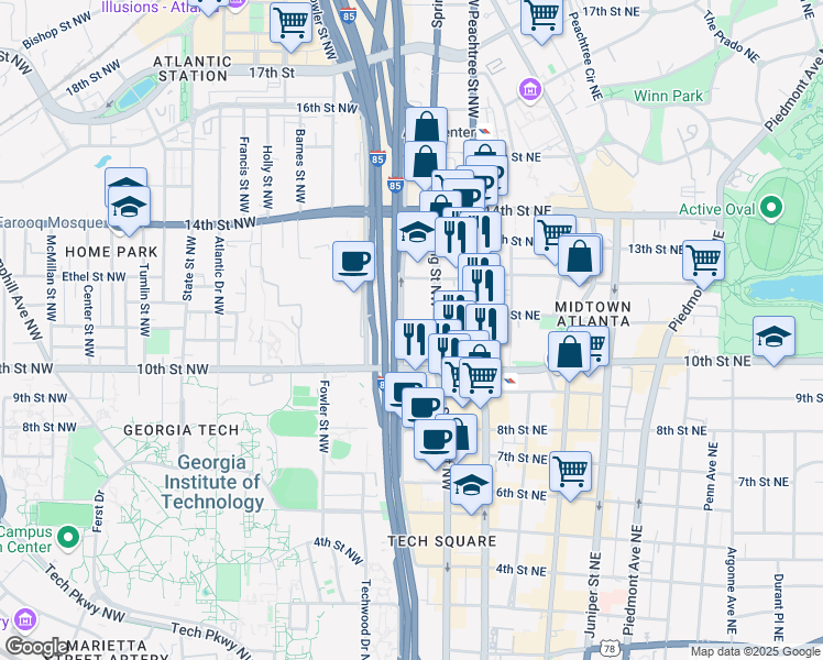 map of restaurants, bars, coffee shops, grocery stores, and more near 2001 Williams Street Northwest in Atlanta