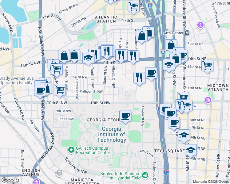 map of restaurants, bars, coffee shops, grocery stores, and more near 1031 Atlantic Drive in Atlanta
