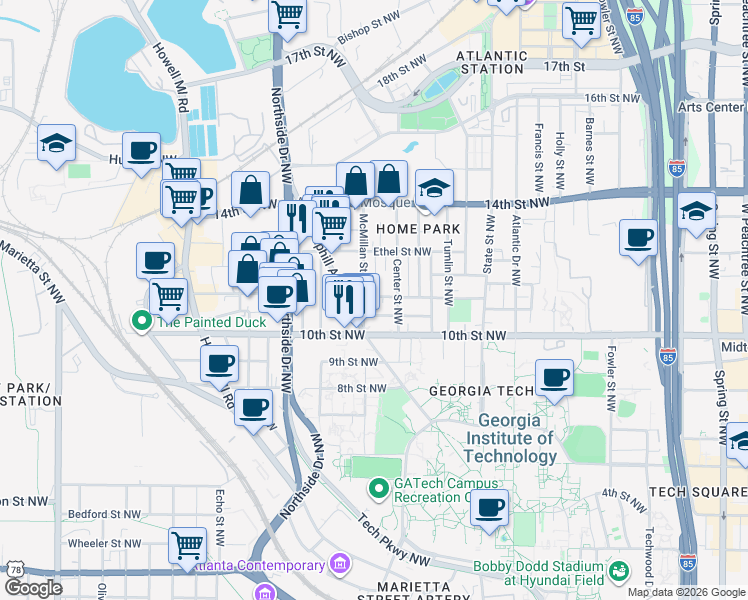 map of restaurants, bars, coffee shops, grocery stores, and more near 499 Calhoun Street Northwest in Atlanta