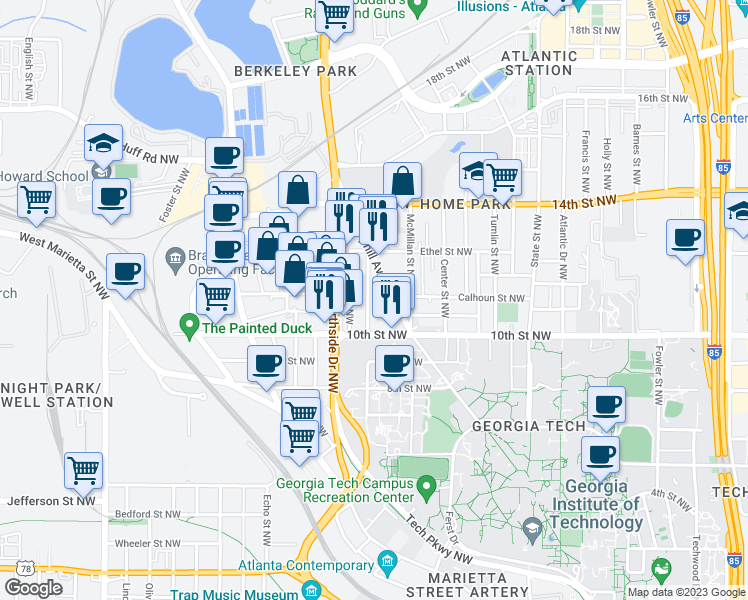 map of restaurants, bars, coffee shops, grocery stores, and more near 1035 Hampton Street Northwest in Atlanta