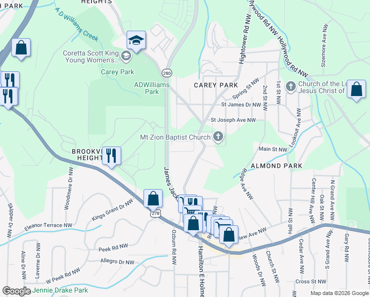 map of restaurants, bars, coffee shops, grocery stores, and more near 2670 Morris Street Northwest in Atlanta