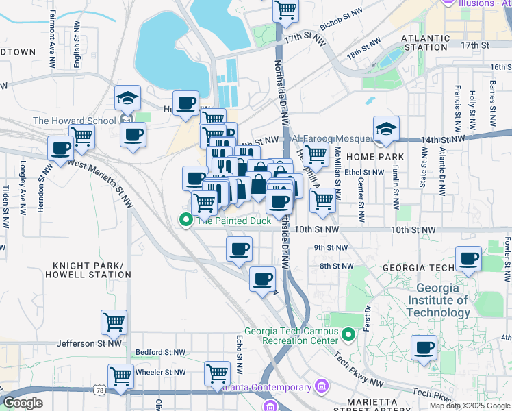 map of restaurants, bars, coffee shops, grocery stores, and more near 674 Bellingrath Avenue Northwest in Atlanta