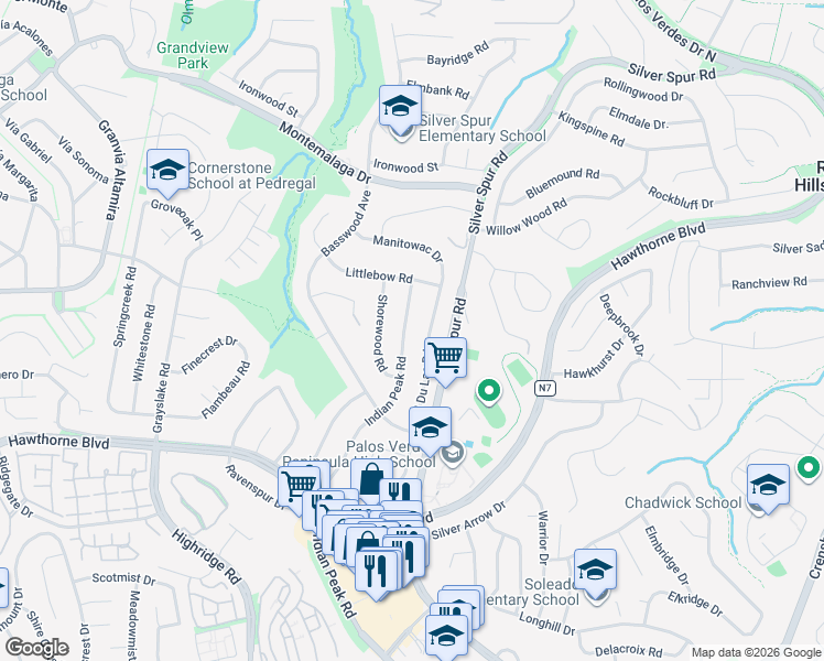 map of restaurants, bars, coffee shops, grocery stores, and more near 26649 Indian Peak Road in Rancho Palos Verdes