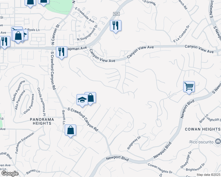 map of restaurants, bars, coffee shops, grocery stores, and more near 6150 East West View Drive in Orange