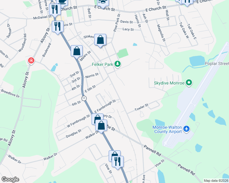 map of restaurants, bars, coffee shops, grocery stores, and more near 1022 South Madison Avenue in Monroe