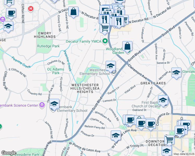 map of restaurants, bars, coffee shops, grocery stores, and more near 149 Mockingbird Lane in Decatur