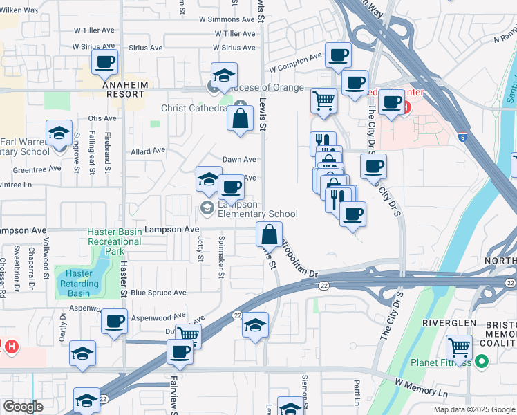 map of restaurants, bars, coffee shops, grocery stores, and more near 12419 South Lewis Street in Garden Grove