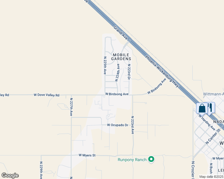 map of restaurants, bars, coffee shops, grocery stores, and more near 22417 West Pleasant Lane in Wittmann