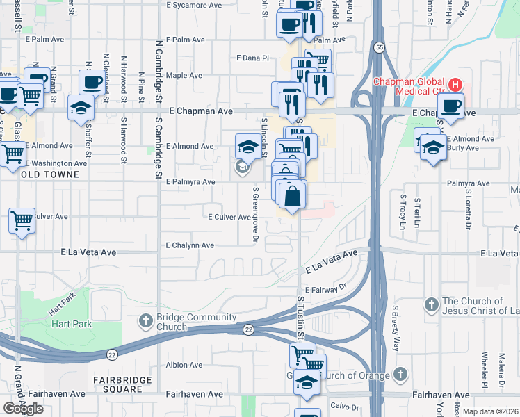 map of restaurants, bars, coffee shops, grocery stores, and more near 360 Greengrove Drive in Orange
