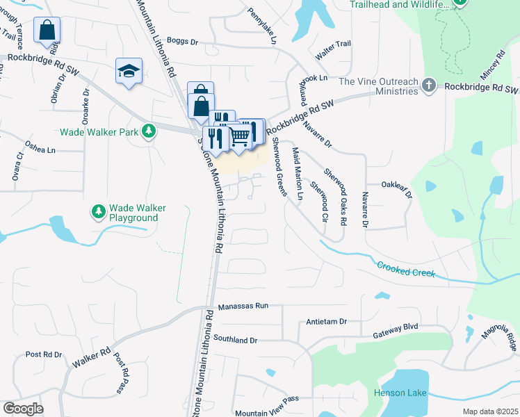 map of restaurants, bars, coffee shops, grocery stores, and more near 5630 Stonington Trace Parkway in Stone Mountain