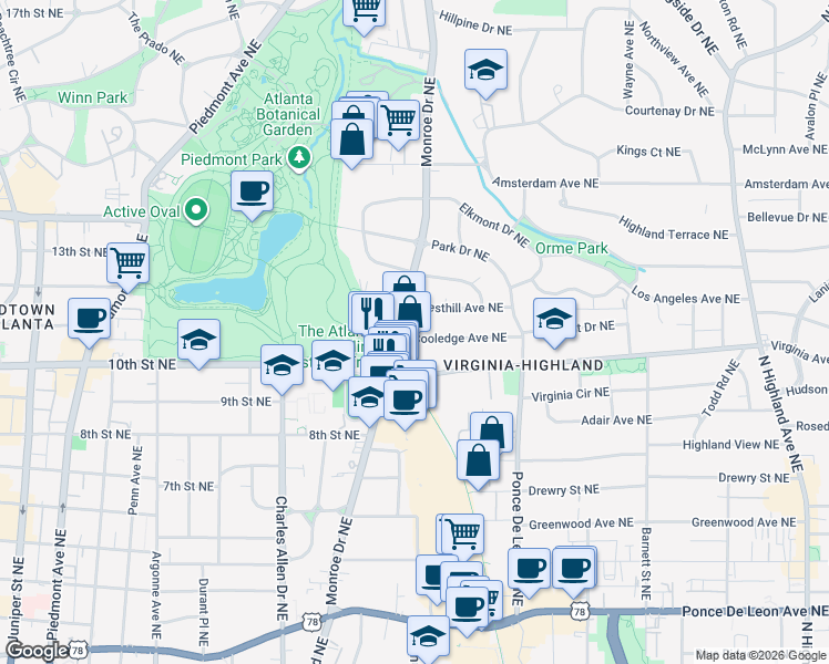 map of restaurants, bars, coffee shops, grocery stores, and more near 608 Cooledge Avenue Northeast in Atlanta