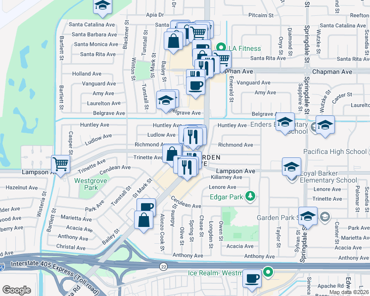 map of restaurants, bars, coffee shops, grocery stores, and more near 5872 Richmond Avenue in Garden Grove