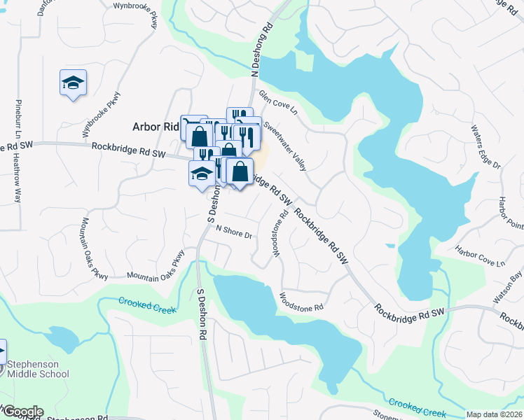 map of restaurants, bars, coffee shops, grocery stores, and more near 503 North Shore Road in Lithonia