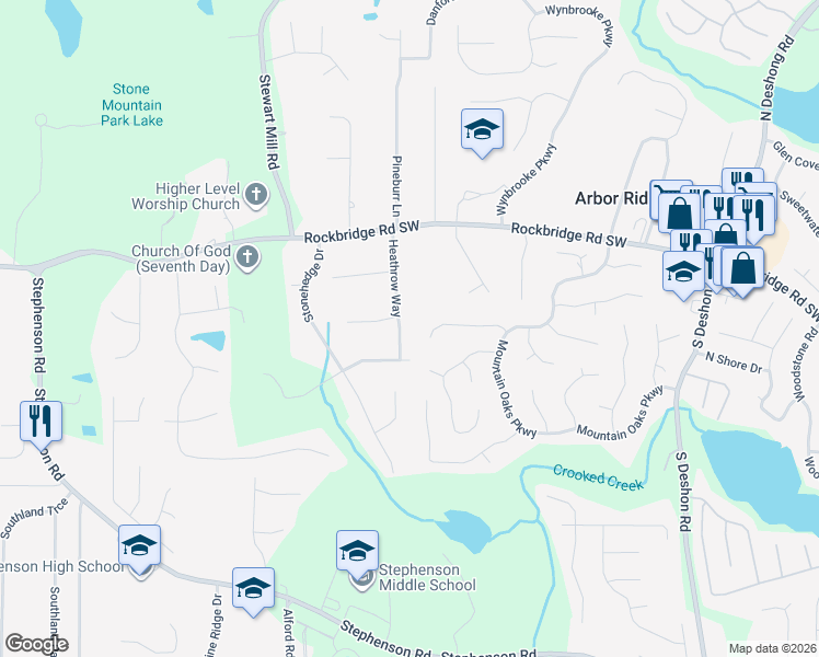 map of restaurants, bars, coffee shops, grocery stores, and more near 526 Heathrow Way in Stone Mountain