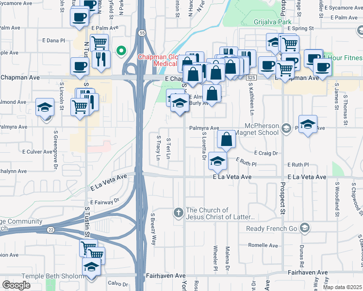 map of restaurants, bars, coffee shops, grocery stores, and more near 381 South Carole Lane in Orange