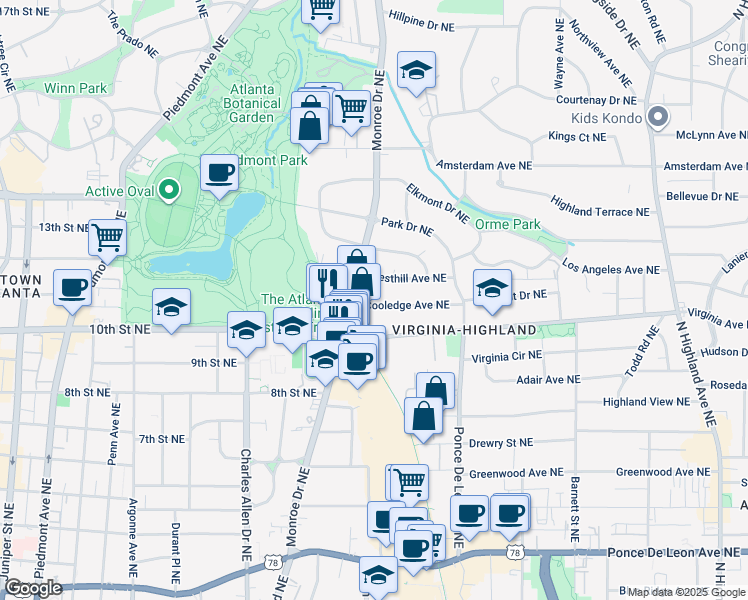 map of restaurants, bars, coffee shops, grocery stores, and more near 614 Cooledge Avenue Northeast in Atlanta