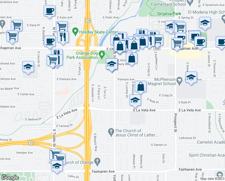 map of restaurants, bars, coffee shops, grocery stores, and more near 381 South Carole Lane in Orange
