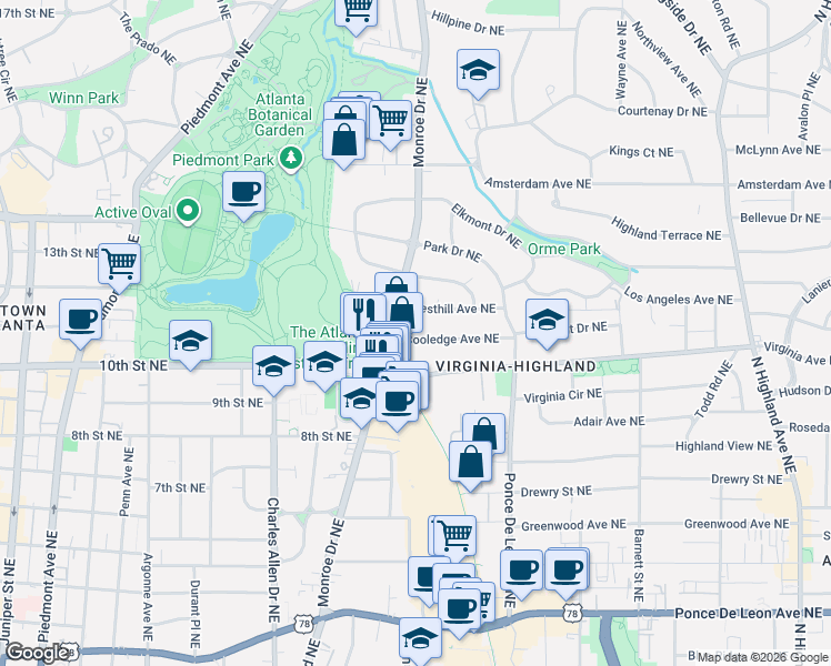 map of restaurants, bars, coffee shops, grocery stores, and more near 614 Cooledge Avenue Northeast in Atlanta