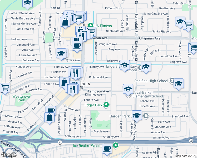 map of restaurants, bars, coffee shops, grocery stores, and more near 6132 Richmond Avenue in Garden Grove