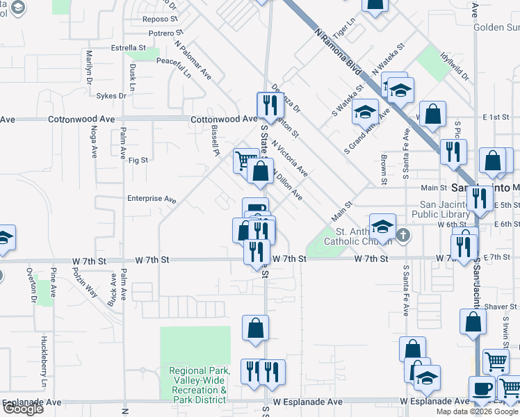 map of restaurants, bars, coffee shops, grocery stores, and more near 438 South State Street in San Jacinto