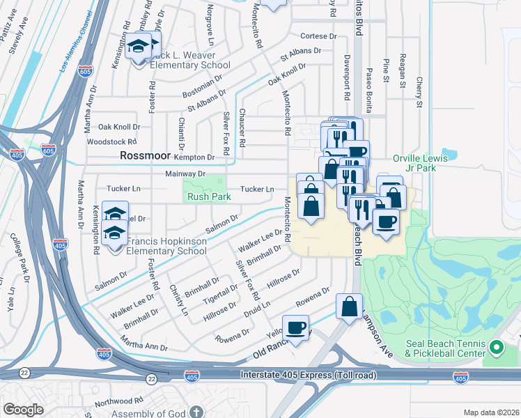 map of restaurants, bars, coffee shops, grocery stores, and more near 3202 Blume Drive in Rossmoor