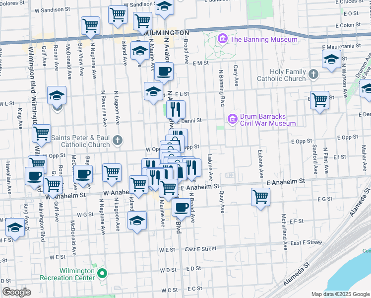 map of restaurants, bars, coffee shops, grocery stores, and more near 130 East Opp Street in Los Angeles